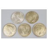 1925 (5) Fine Silver Peace Dollar Coins.