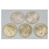 1925 (5) Fine Silver Peace Dollar Coins.