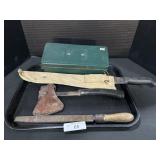 Martindale Machete, Hatchet, Rasp, Metal Box.