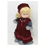 Porcelain Doll Red Velvet & Calico Dress w/ Stand