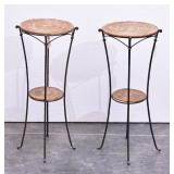 (2) Wroght Iron Two Tiered Rattan Plant Stands