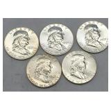 (5) 1963 Franklin 90% Silver Half Dollars