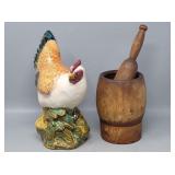 Wooden Mortar & Pestle and Ceramic Hen