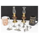 Pair of Tabletop Oil Lamps, 2 Collectable Mugs &