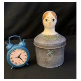 French "Lavender Lady" round box and blue clock