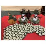 Snowman globes, old bottle, Christmas items