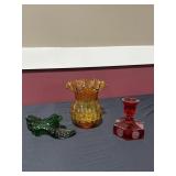 Ruby Fostoria Candlestick, coin & Fenton Emerald t