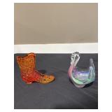 Fenton glass boot and art glass swan