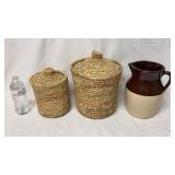 Hand Woven Baskets w Lids & Stoneware Pitcher