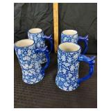 4pcs - large heavy modern flow-blue tankard mugs