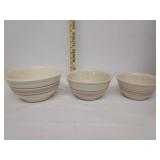 3 vintage heavy pottery banded nested mixing bowls