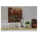 6pc lot asian antique tea tin tapestry pottery etc