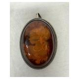 Stunning  Carved Amber & Sterling Broach / Pendant