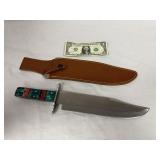 Large Bowie Knife With Colorful Wood Inlaid Handle