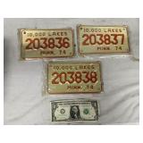 3 Sequential 1974 Minn. Motorcyle Plates