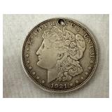 1921 Morgan Silver Dollar -90% Silver-Hole Drilled