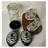 Cheese board, 11" T cookie jar, mini casseroles, condiment jars, etc.