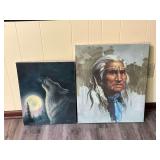 Oil on canvas, Native American and howling wolf with artist signature