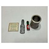 Pewter Tabasco 25th Anniversary cup, military bottle of tabasco with COA