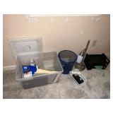 Office supplies, trash can, desk lamp, trays