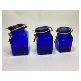 3 Cobalt blue canisters with locking lids