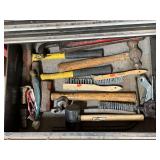 Assortment of hammers, pipe wrenches, wire brushes, etc.