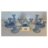 Cambridge Caprice Blue Three 3 Light Candleholders, Pair Of Short Candlesticks