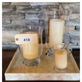 Three Candles With Glass On Square Tray