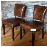 Two Unique Leather Chairs With Burlap and Nail Head Trim Backs