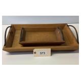 Two Wooden Serving Trays Wth Metal Handles, 22"X15"X2