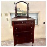 Early 1900’s Tallboy Dark Wood Dresser with Mirror & 5 Drawers