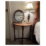 Vintage Half Moon 3 Legged Side Table, Vintage Pineapple Lamp, Framed OrnateTable Mirror & Handpainted Clear Glass Flower Vase