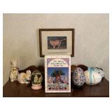 Easter Collection including Vintage Lefton Egg Trinket Box, Bunny Lighted Tree House Set in box + Sm. Framed Cat Print