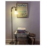 Cross Stitched Framed Art, Antique Floor Lamp, Vintage Luggage Rack, Flowered Box & Small Laundry Basket with fabric liner