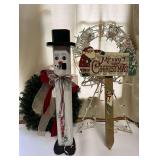 Outdoor Christmas Decor: Wooden Handpainted Snowman, Lighted Wreath, Door Wreath & Handpainted Merry Christmas Stake