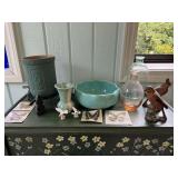 Misc Lot of Figurines, Bottles, Pottery, Butterflies, and Cast Iron Bunny Plant Stand