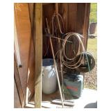 Misc Shop Lot including Large Trash Can, Water Hoses, Bosch Flash Light *Untested, Sprayer, Rake, Broom & More