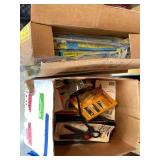 Two boxes of drawer slides and a box of misc items