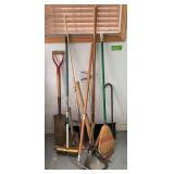 Various yard tools, broom, pool cue, baseball bat