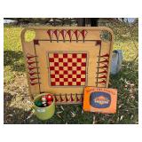 Carom board, ceramic pot with pool balls and root beer sign