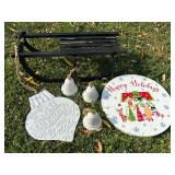 Sleigh, enamel sign and bells and happy holidays board sign