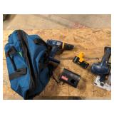 Ryobi 18V tool set consisting of bag, drill, charger, battery and circular saw.