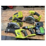 One lot of Ryobi cordless tools consisting of drill, two circular saws, reciprocating saw, radio, flashlight, inflator, charger and battery.