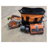 Rigid cordless circular saw, 18 volt, 6- 1/2-in blade also included bag, charger and two batteries.