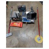 One lot of sheetrock tools including air texture gun, screw gun, sheet carriers, hawks, joint compound application tools and sanding tools.