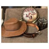 Australian hat, leather belt size 40, western candle holder, canteen