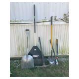 Yard tools-loppers, leaf rake, scoop shovel, pick axe and round point shovel