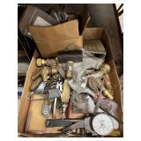 Various brass fittings, calipers, dial indicator and more