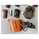 Various holsters, stock cover, Hawk binoculars 7x35, Schrade leather knife sheath, Barlow knife