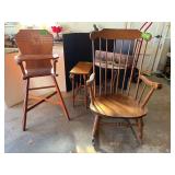 Hard rock maple rocker,  drop leaf table, wooden high chair and small round table